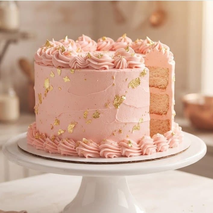 Bizcocho rosado de celebración con detalles dorados, con un corte que deja ver sus capas