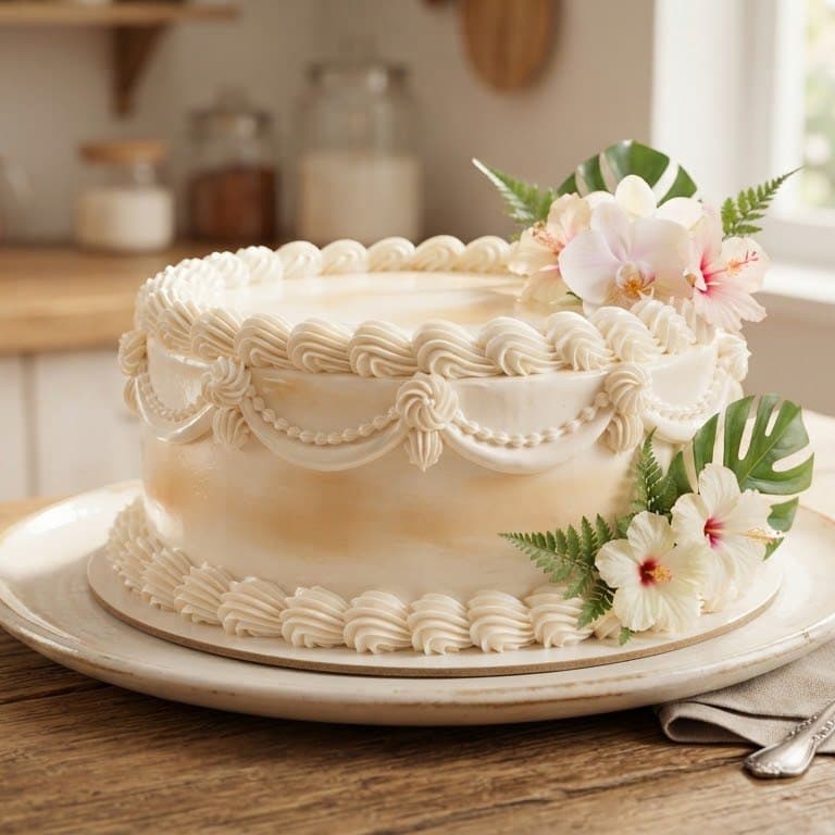 Bizcocho blanco decorado con flores tropicales