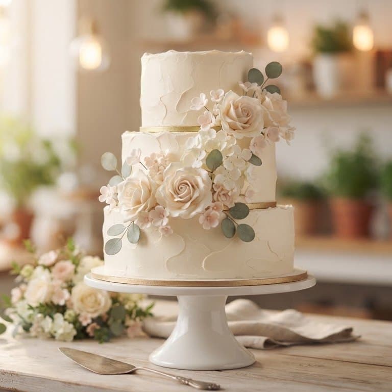 Bizcocho de boda de tres pisos con flores de azúcar