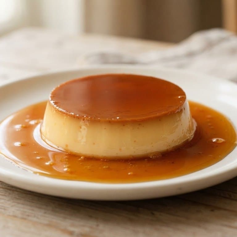 Flan de caramelo servido en un plato blanco